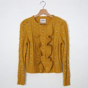 Anthropologie Industry Pearl Ruffle Pointelle Knit Sweater Yellow Large